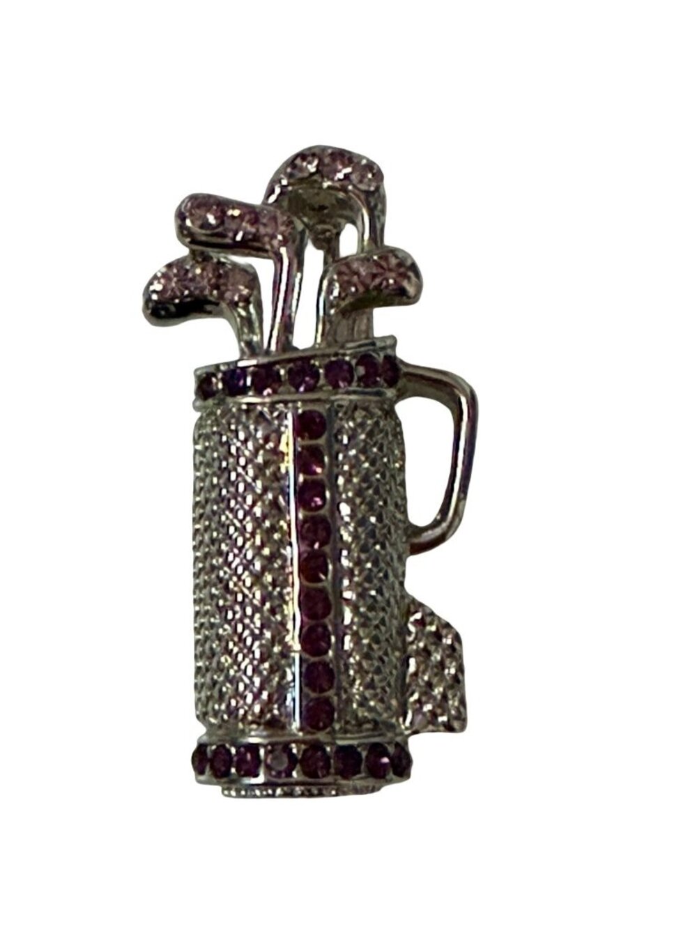 Vintage Rhinestone Golf Bag Brooch Pink Purple Stones Silver Tone 1.5 Inch
